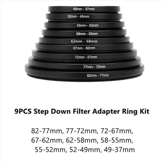 Alt view image 3 of 3 - 9Pieces Camera Lens Filter Down Ring Adapter Metal Filter Adapter Ring for All Camera DSLR 82-37mm Mount Set Kit