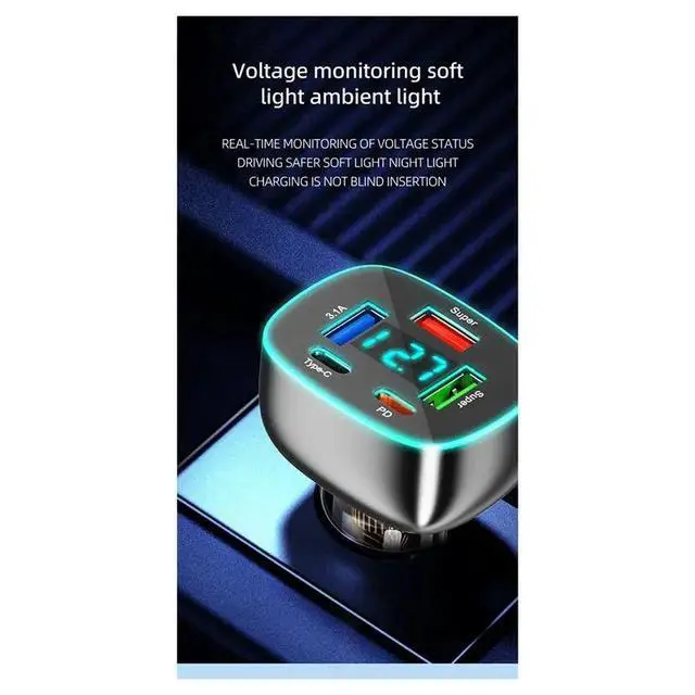 Alt view image 3 of 3 - 5 Port USB C Car Phone Adapter+Voltage Display Dual PD 30W Super Fast For 15Pro Max