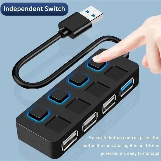 Alt view image 3 of 3 - 4 Ports USB 3.0 Hub with Individual LED Lit Power Switches USB HUB Adapter Expander Multi USB Splitter for PC