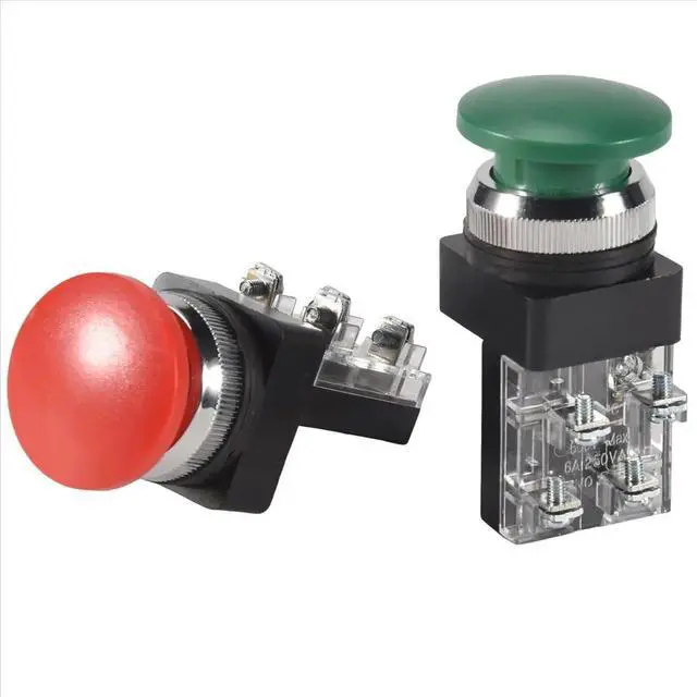 Alt view image 3 of 3 - Red Green AC 250V 6A DPST Momentary Mushroom Head Push Button Switch