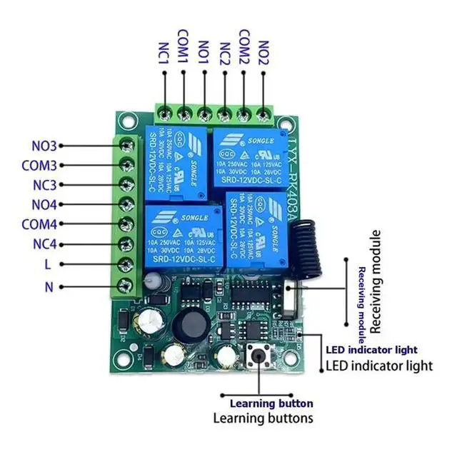 Alt view image 3 of 6 - AC220V 433Mhz For Universal Remote Control 4CH RF Relay Receiver 1 Transmitter For Garage Door Control