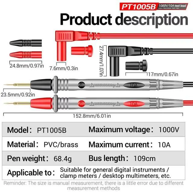 Main image of 3PCS PT1005B Multimeter Probe Test Lead 1000V 10A Universal Needle Tip Multifunctional Electrical Tester