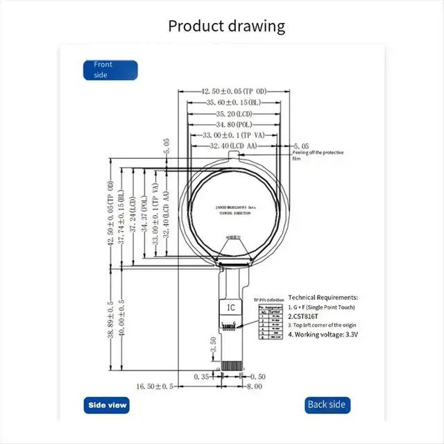 Alt view image 3 of 3 - 1.28 Inch Round IPS Capacitive Touch Screen 4W SPI Interface 15Pin GC9A01 Driver CST816T CTP 240x240