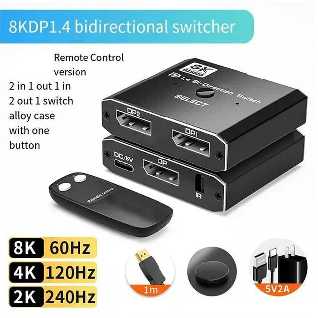Alt view image 2 of 3 - 8K Displayport Switch 4K 120Hz Displayport 1.4 Splitter With IR Remote DP Switcher 2X1 For Monitor