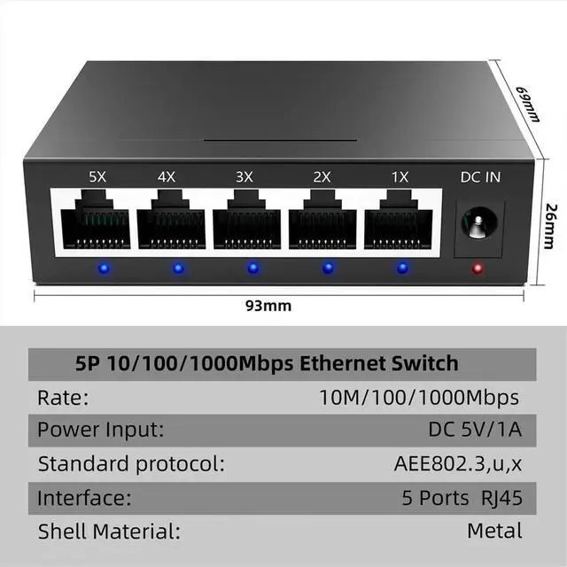 Main image of 5 Port Gigabit Industrial Switch 1000Mbps Mini Network Ethernet Switch Home Splitter Office Network Distributor US Plug