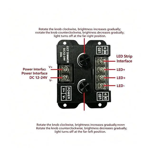 Alt view image 2 of 3 - Manual Dual Knob LED Strip Dimmer Switch, Low Voltage 3Wire 2Color Temperature Brightness CCT Tuning Controller