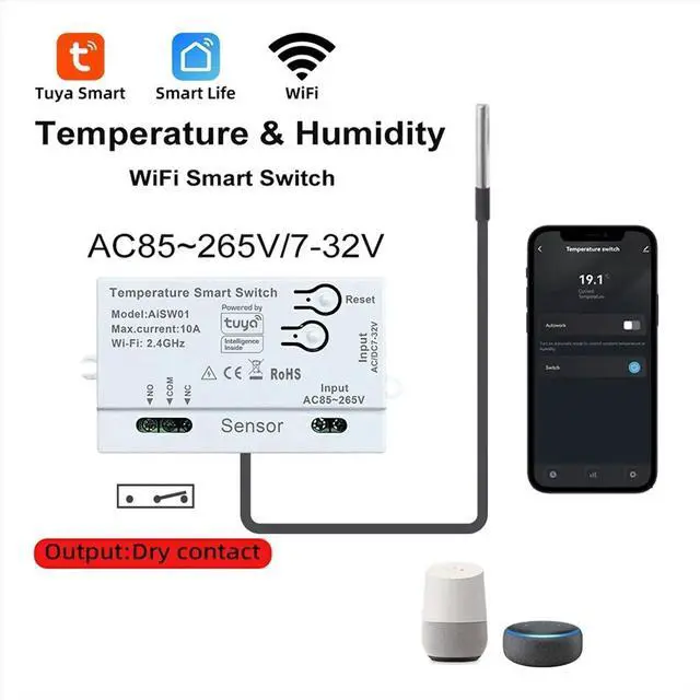 Main image of Tuya Temperature Switch Sensor 2.4G Temperature Switch Sensor Smart Switch with 2M Temperature Probe
