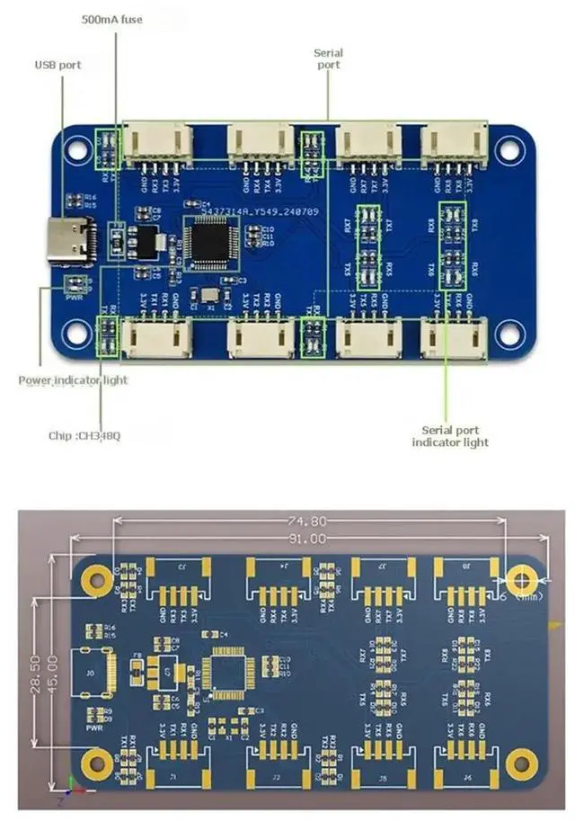 Main image of CH344Q USB to 8CH TTL Serial Module Serial Port Type C to TTL High-Speed CH348 Chip Expansion Module