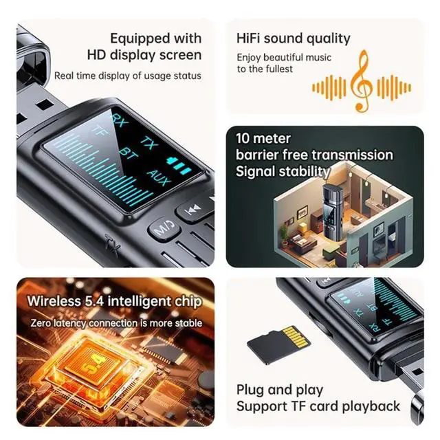 Alt view image 2 of 3 - GT72 Bluetooth 5.4 Adapter - 3.5Mm AUX & USB Receiver Transmitter Plug & Play Supports TF Card For TV PC