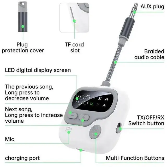 Alt view image 2 of 3 - Audio Receiver Transmitter LED Display 5.4 3.5Mm AUX TF Card For Airplane TV PC Car