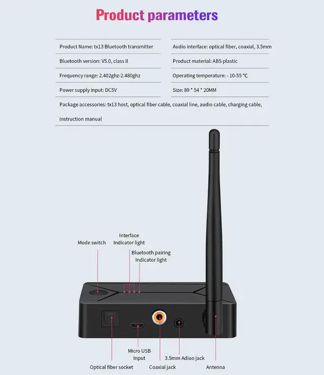Alt view image 3 of 3 - TX13 3 In 1 Bluetooth 5.0 Audio Transmitter 3.5Mm AUX Jack Digital To Analog Audio Converter RCA USB Coaxial Optical