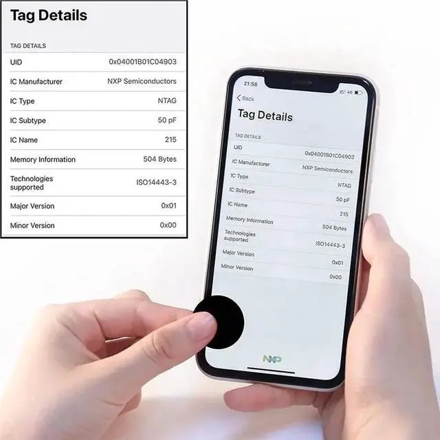 Alt view image 2 of 3 - Chips With Adhesive Back 50Pcs Tags NTAG215 215 Black Coins Cards Round Stickers 13.56Mhz