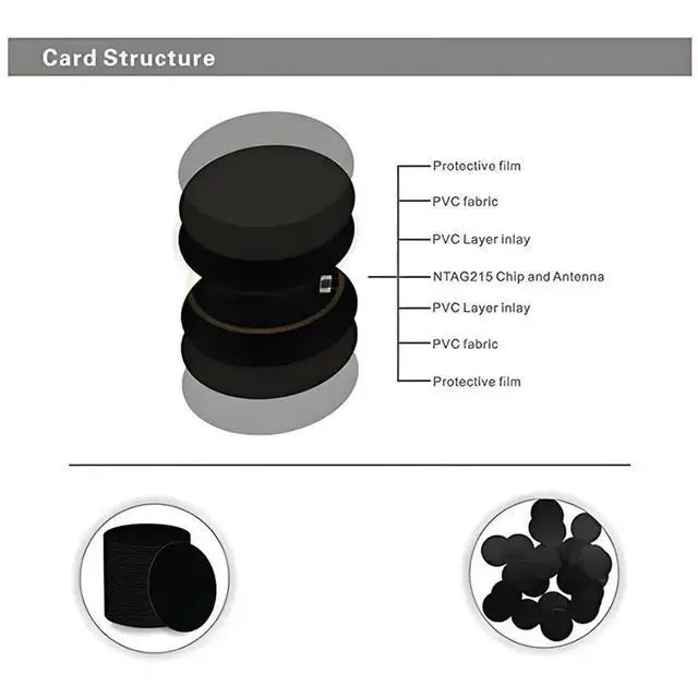 Alt view image 3 of 3 - Chips With Adhesive Back 50Pcs Tags NTAG215 215 Black Coins Cards Round Stickers 13.56Mhz