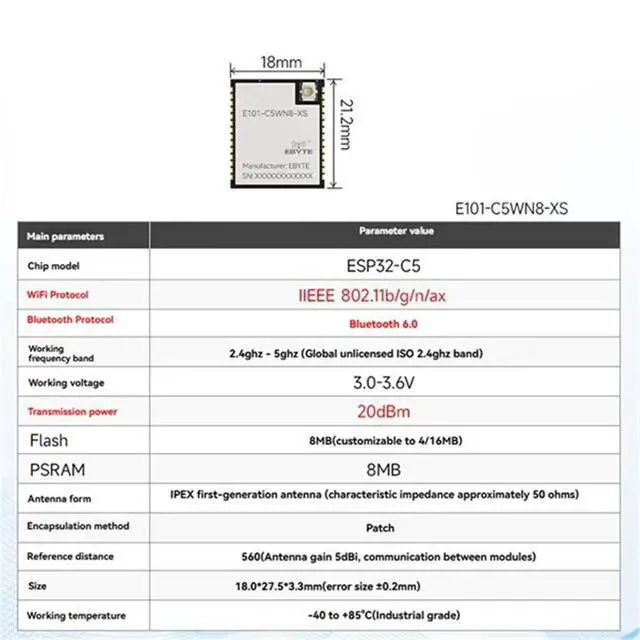 Alt view image 3 of 3 - -C5 2.4G&5.8G Dual-Band Wi-Fi 6 Module Bluetooth 6.0 20dbm 8M Flash Communication Module E101-C5WN8-XS