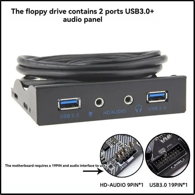 Alt view image 3 of 3 - 2 Port USB 3.0 Hub W/ HD Audio 3.5mm Earphone Jack Mic Interface Front Panel for PC 20 Pin 3.5In Floppy Bay Black