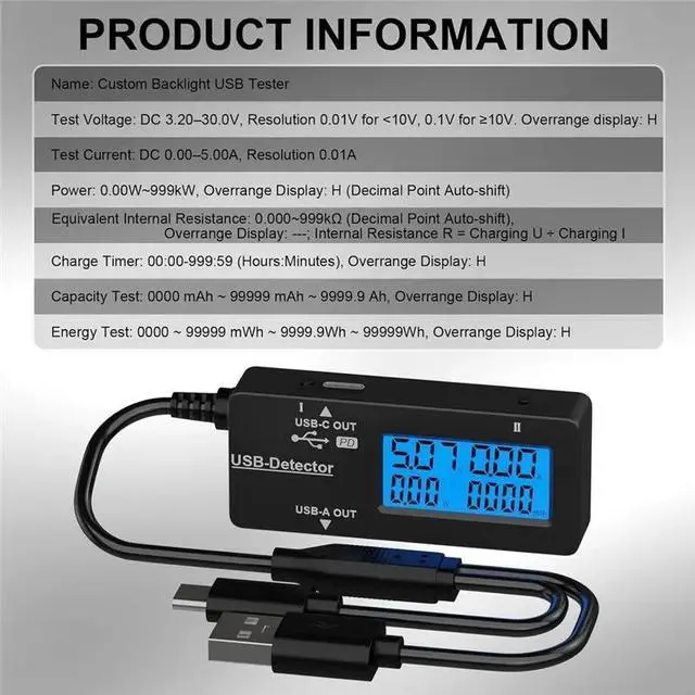 Alt view image 3 of 3 - IDUD Capacity Tester Variable Backlight USB Tester Voltmeter Amp Power Internal Resistance Level Indicator