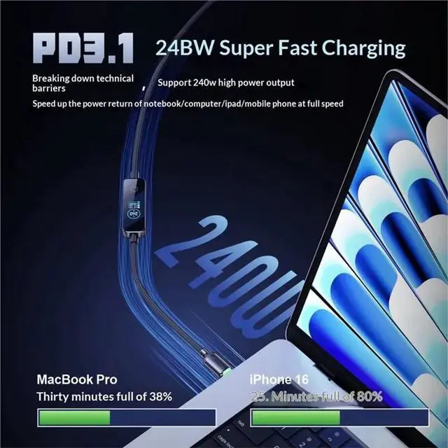Alt view image 2 of 3 - 240W USB C Charging Cable With Dynamic TFT Display Real-Time Power Display Zinc Alloy Cbale For Smartphone
