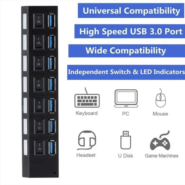 Alt view image 3 of 6 - MultiPorts USB HUB 3.0 7Ports SuperSpeed 5Gbps Multiple USB Port Expander with Switches PowerAdapter for PC(US)
