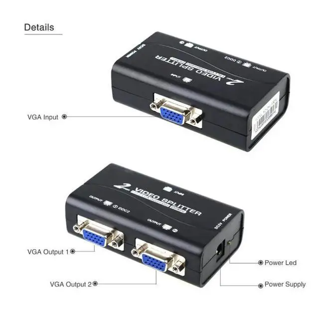 Alt view image 3 of 3 - 2 Ports VGA Splitter 1 to 2 1 Pc to 2 Monitor VGA SVGA Video LCD Screen Splitter Box Adapter with Power Cable 250MHz(EU)