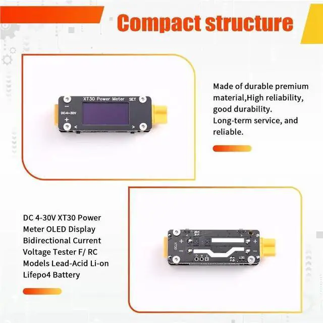 Main image of XT30 Power Meter Bidirectional Current Voltmeter/Ammeter F/ RC Models Lead-Acid Battery