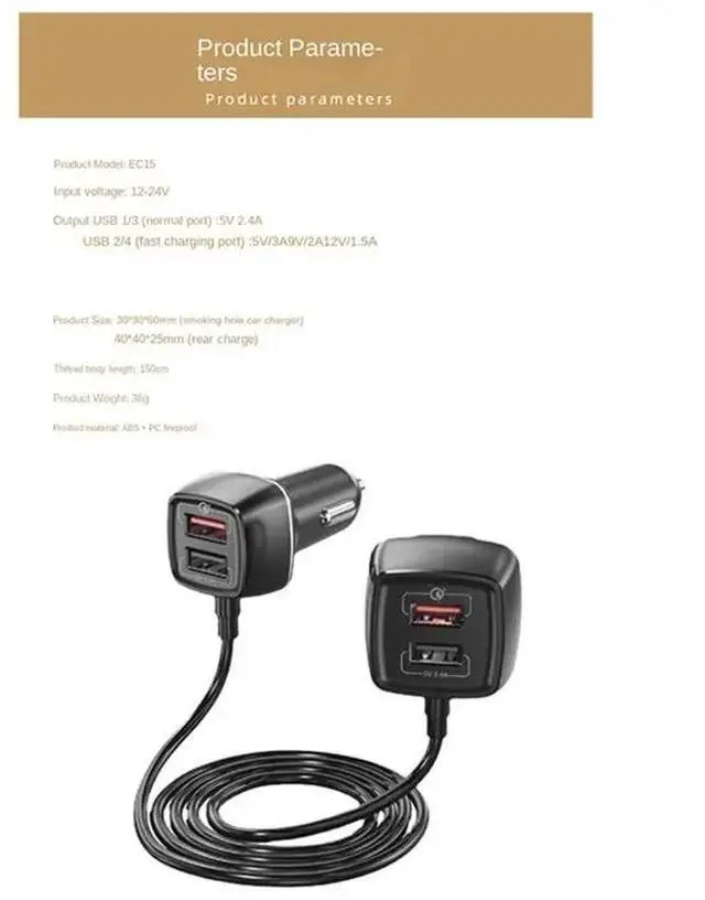 Alt view image 3 of 6 - 1 PCS Front And Rear Flash Charge Car Adapter 60W PD Car 4 Ports USB For Fast Charging