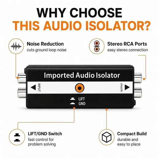 Alt view image 2 of 6 - RCA Audio Isolator Ground Loop Noise Eliminator LIFT/GND Switch Audio Hum Noise Suppressor Stereo Transformer
