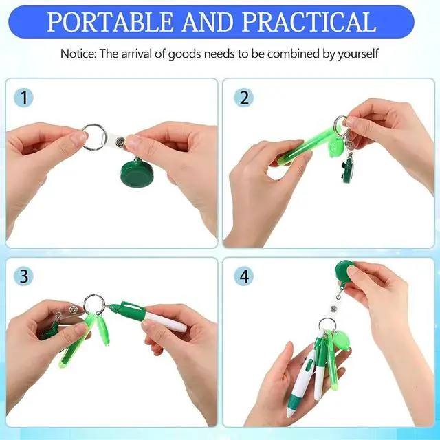 Alt view image 2 of 3 - 6Pack Badge Reel Pen Retractable Pens Clip with Mini Highlighter Nurse Pens Neon Marker Pen LED Keychain Key Ring