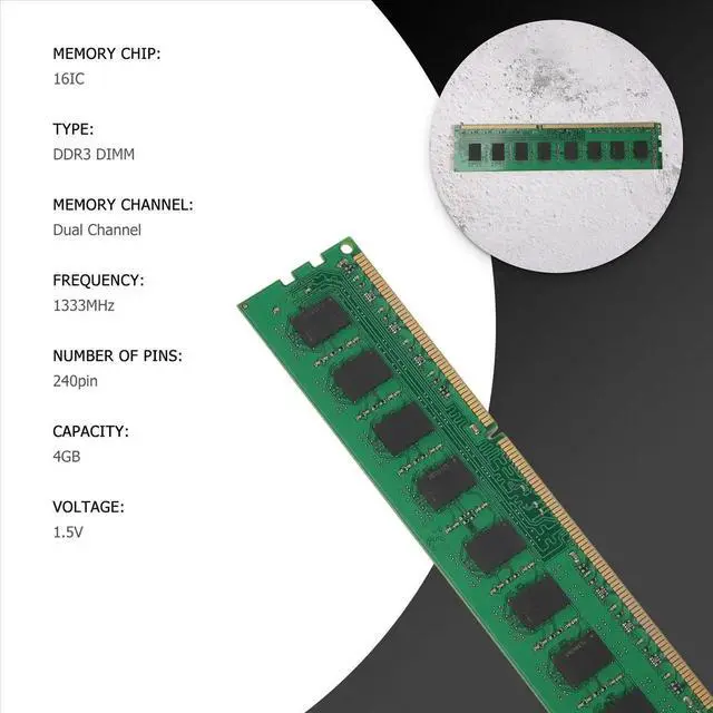 Alt view image 3 of 3 - DDR3 4G RAM Memory 1333Mhz 240 Pins Desktop Memory PC3-10600 DIMM RAM Memoria for Dedicated Memory