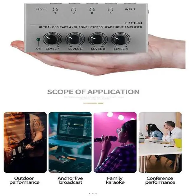 Alt view image 2 of 2 - HA400 Metal Stereo Headphone Amplifier - 4-Channel Audio Boost For Sound Mixer, Guitar, PC, EU Plug Format