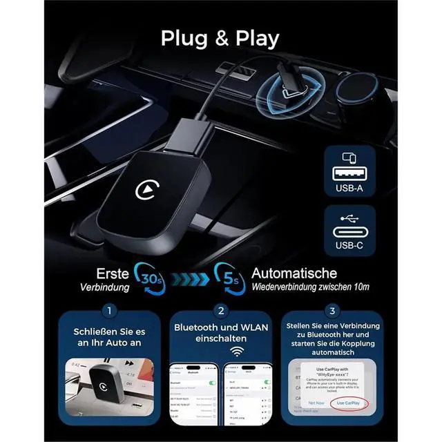 Alt view image 3 of 3 - CarPlay Adapter,V5.3 Bluetooth Stable Connection,5.8 GHz Fast Data Transfer, USB C/A,for IOS 10+