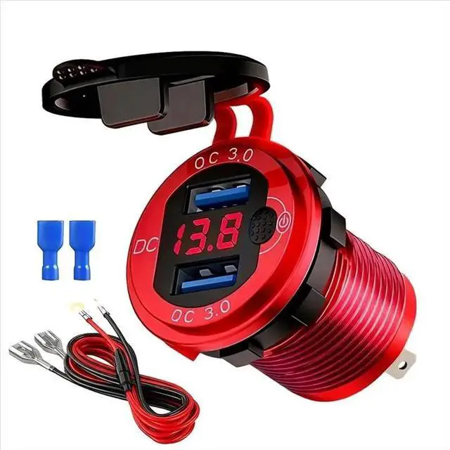 Main image of Dual USB Car Socket 12V/24V QC 3.0 2 Set With Contact Switch For Boat Motorcycle Truck Golf Cart Red