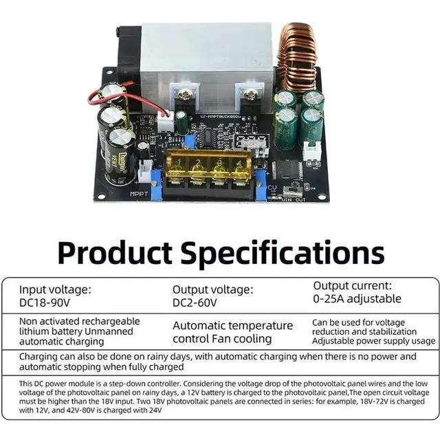 Alt view image 3 of 6 - IDUD MPPT Solar Charging Controller DC 18-90V Wide Input 800W 25A Anti-Backflow Power Supply