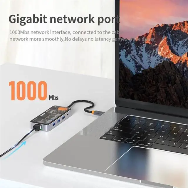 Main image of Clear USB Hub with RJ45 Gigabit Ethernet, 4K -Compatible 2.0 Output, 100W PD Charging, Dual Micro/SD Card Reader