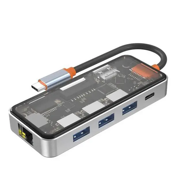 Alt view image 3 of 3 - Clear USB Hub with RJ45 Gigabit Ethernet, 4K -Compatible 2.0 Output, 100W PD Charging, Dual Micro/SD Card Reader