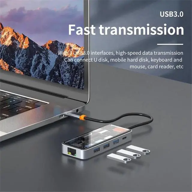 Alt view image 2 of 3 - Clear USB Hub with RJ45 Gigabit Ethernet, 4K -Compatible 2.0 Output, 100W PD Charging, Dual Micro/SD Card Reader