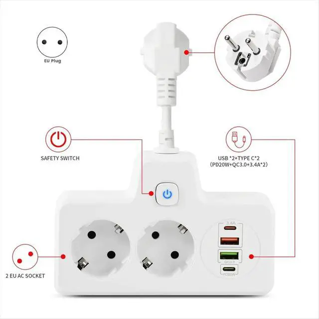 Alt view image 2 of 3 - EU Plug Outlet Power Strip Wall Socket Expansion Plug PD QC3.0 Fast Charge Multitap USB Charge with Switches(White)