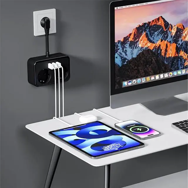 Main image of Power Strip with 2 AC Outlets and 3 USB Fast Charging Ports, Electrical Socket, Wall-Mounted, EU Plug, Power Adapter