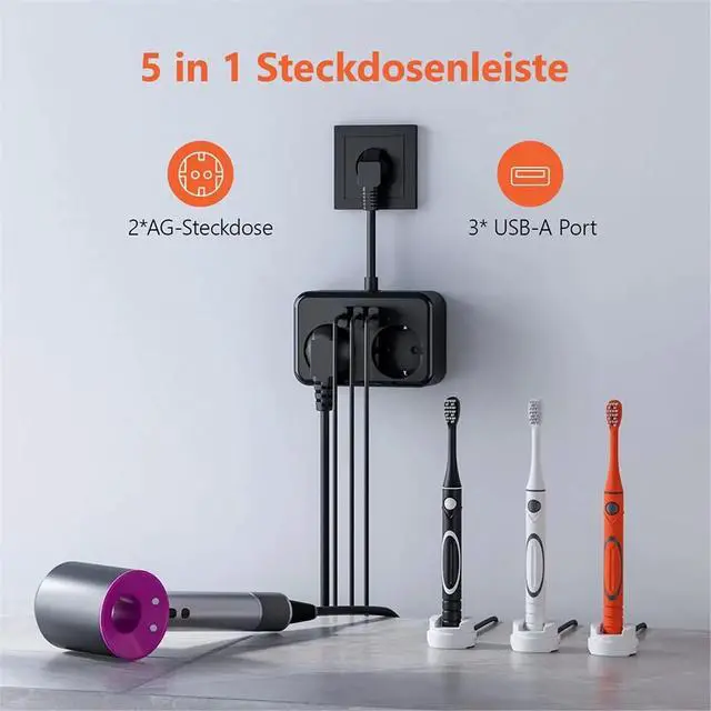 Alt view image 2 of 3 - Power Strip with 2 AC Outlets and 3 USB Fast Charging Ports, Electrical Socket, Wall-Mounted, EU Plug, Power Adapter