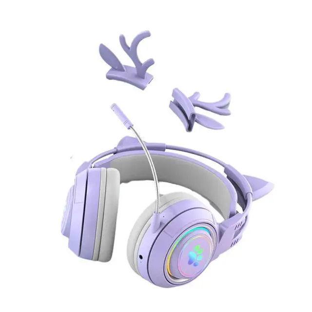 Alt view image 2 of 3 - RGB Light Cute Antlers Cat Ear Bluetooth Headphone Gaming Headset Earphone For Kids Gamers Puple-AAAE
