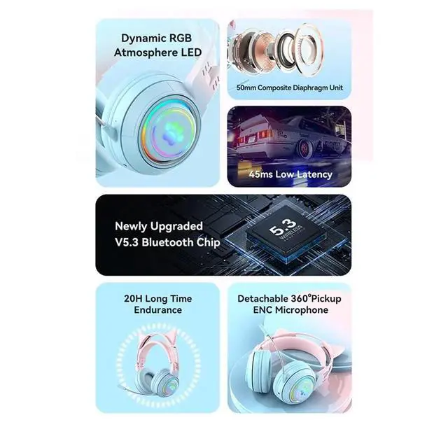 Alt view image 3 of 3 - RGB Light Cute Antlers Cat Ear Bluetooth Headphone Gaming Headset Earphone For Kids Gamers Puple-AAAE