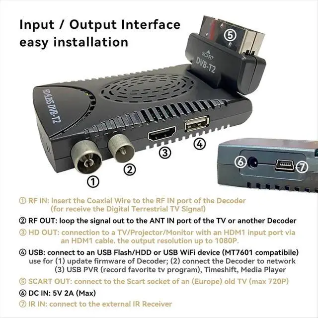Alt view image 3 of 3 - DVB-T2 Full HD Digital Terrestrial TV Decoder with 265/HEVC Decoding EPG Set Top Box EU Plug