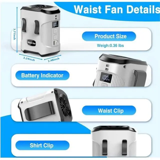 Alt view image 2 of 3 - Waist Fan Clip on Shirt Belt Body Wearable Hand-Free Rechargeable Powered Fan with 3 Speed for Camping Travel