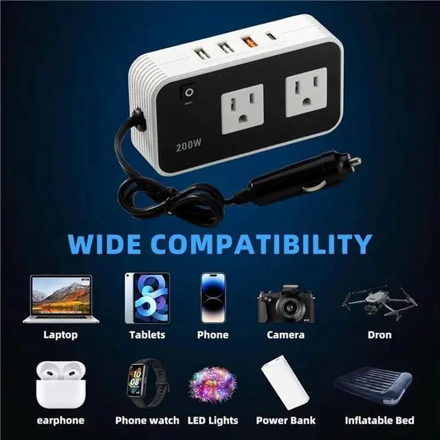 Alt view image 2 of 3 - Car Laptop US Plug, 200W Automotive Power Inverter, 110V Ac Automotive Adapter Plug Socket Converter