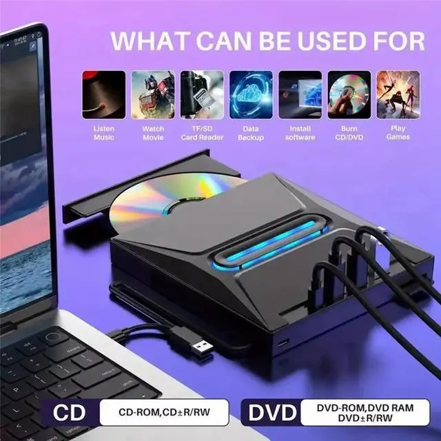Main image of USB 3.0 External CD DVD Drive High-Speed CD/DVD +/-RW Drive with SD Card Reader, CD ROM Burner, and USB-C Conn