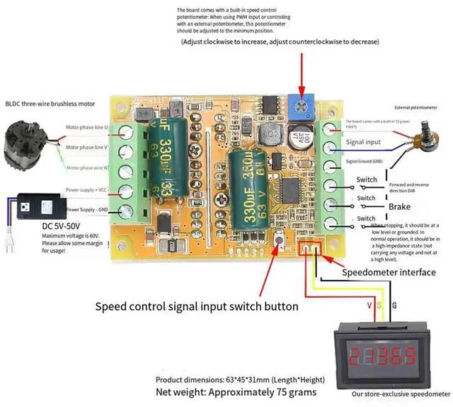 Main image of DC Brushless Motor PWM Controller DC 5-50V 12V 24V 48V 300W BLDC Three Phase No Hall Motor Control Driver Board
