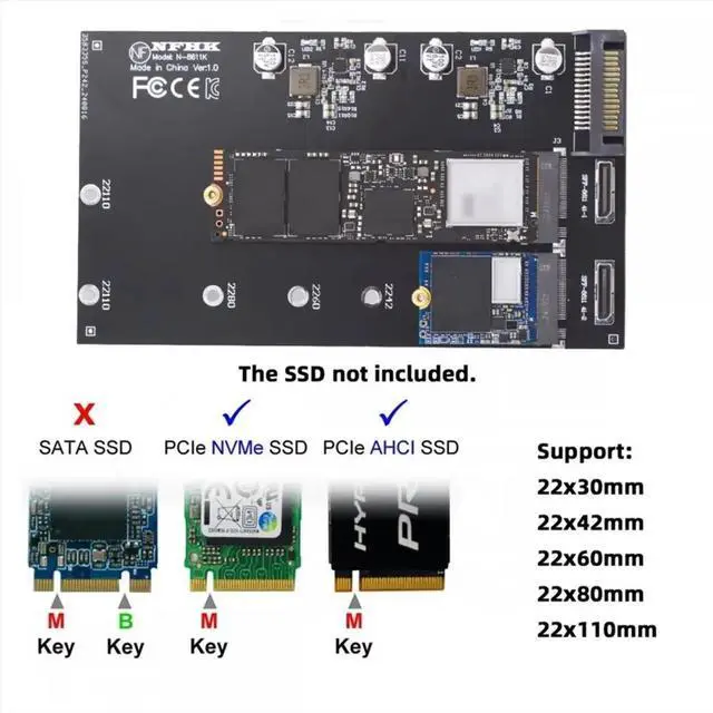 Alt view image 2 of 3 - SFF-8611 SFF-8612 Oculink to Dual M.2 NVME NGFF M-Key PCIe SSD 2280 22110mm Adapter for Mainboard
