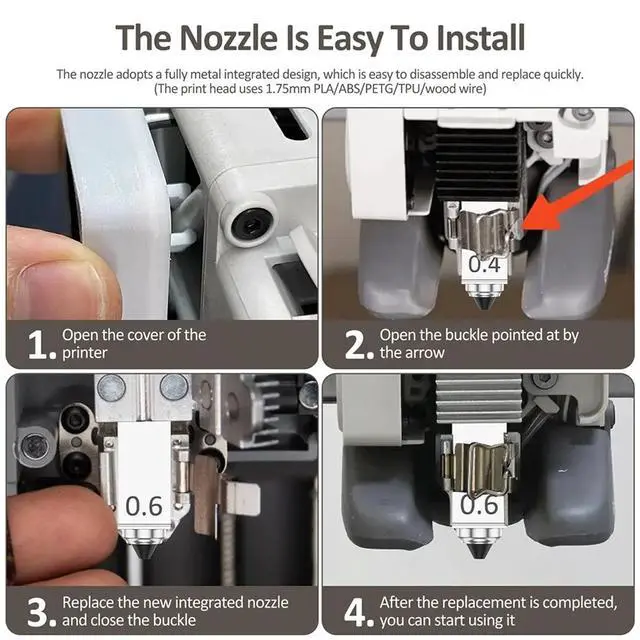 Alt view image 2 of 3 - 6Pcs Integrated Hotend Nozzle for X Combo 0.4 0.6 0.8mm Hardened Steel Anti-Leakage Metal High Speed 3D Printer