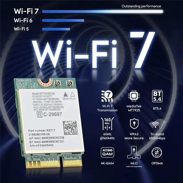 Main image of MT7925 7 Card Bluetooth 5.4 Tri-Band 6500Mbps 802.11be Laptop Network Adapter for Laptop 11 Linux
