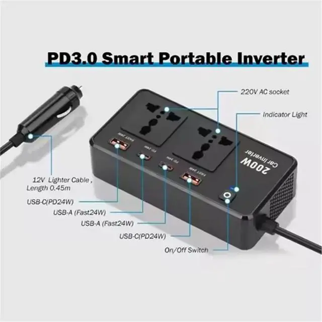Alt view image 3 of 6 - Dual US Plug 200W Car Inverter C-Port Fast Charging USB 110V Power Supply Plug-In For Vehicles Trip Essentials