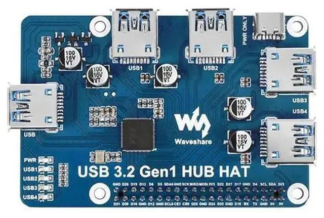 Main image of USB 3.2 Gen1 HUB HAT for 4B 3B+ 3B 2B Zero W WH,4-Channel USB 3.0 Expansion Port, Driver-Free Plug&Play